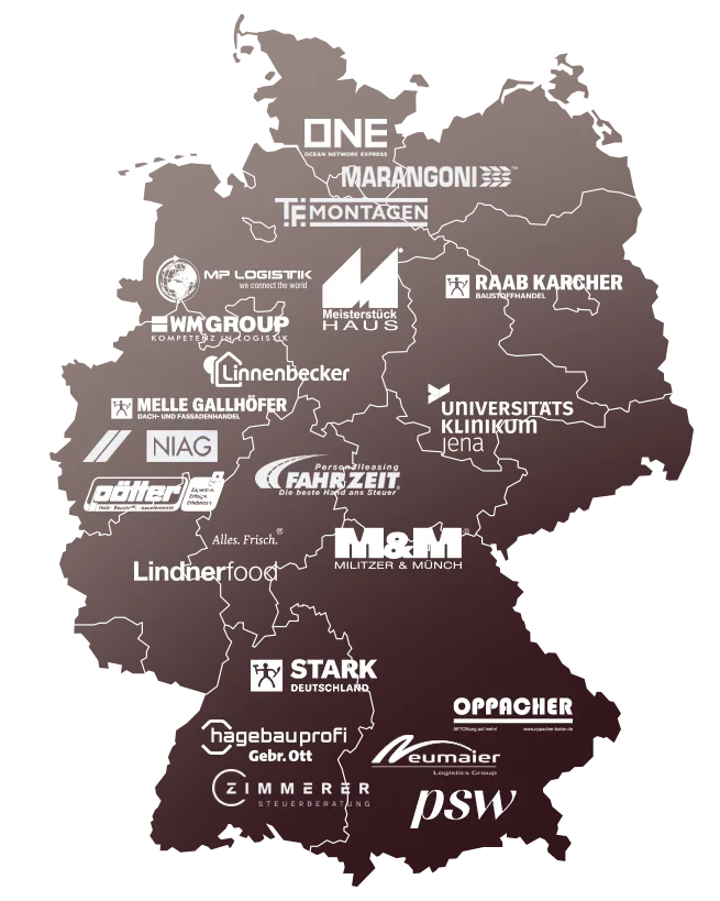 Deutschlandkarte mit Übersicht der Unternehmen, die Gekko Marketing im Recruiting einsetzen