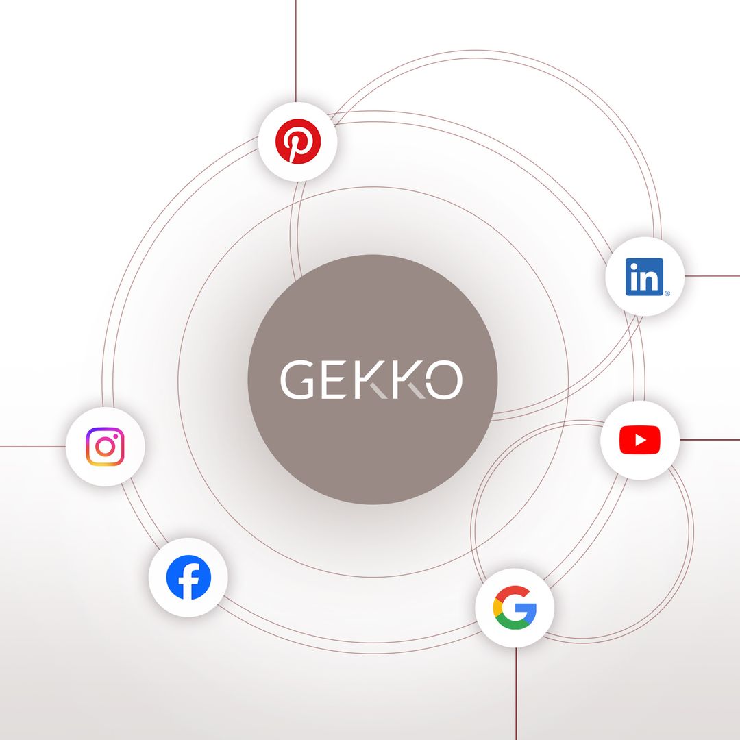 Grafik des Multi-Touchpoint-Recruitings mit Gekko Logo und Plattformen wie Google, LinkedIn, YouTube, Facebook und Instagram