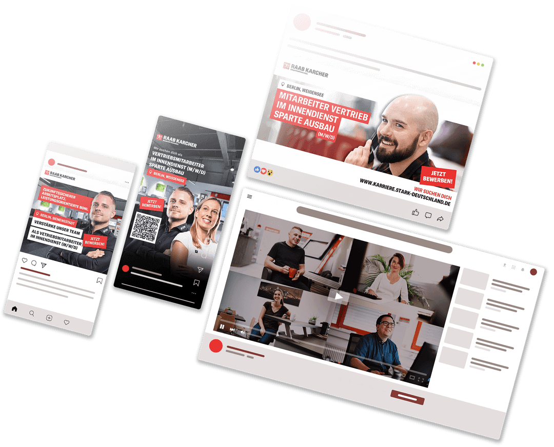 Vorschau mehrerer Werbeanzeigen zur konsistenten Kommunikation der Arbeitgebermarke