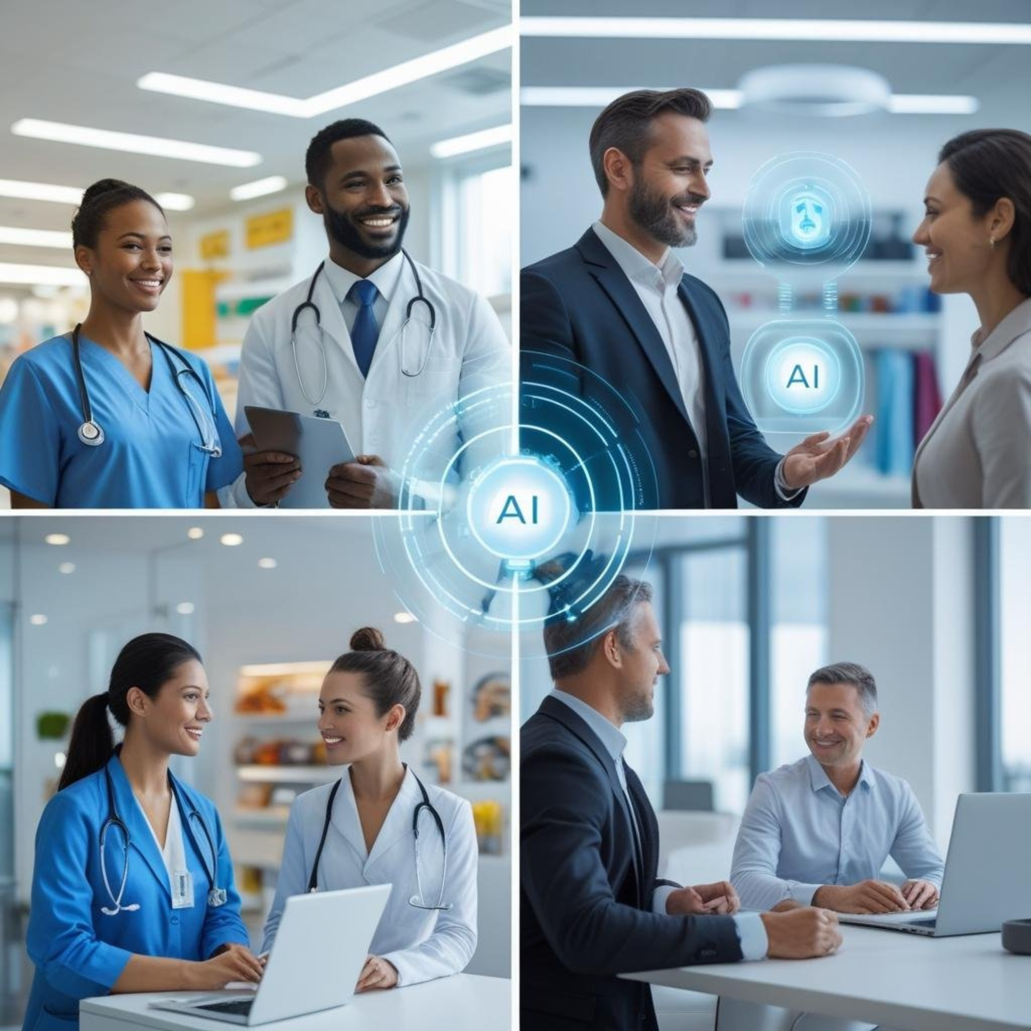 Collage showing healthcare, retail, real estate, and B2B industries using AI sales assistants