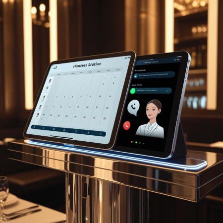 Professional restaurant hostess station with AI-powered tablet showing virtual receptionist interface and incoming calls being managed automatically"