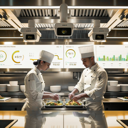 "Modern restaurant kitchen with AI-powered quality control camera system monitoring food preparation and digital inventory management displays"