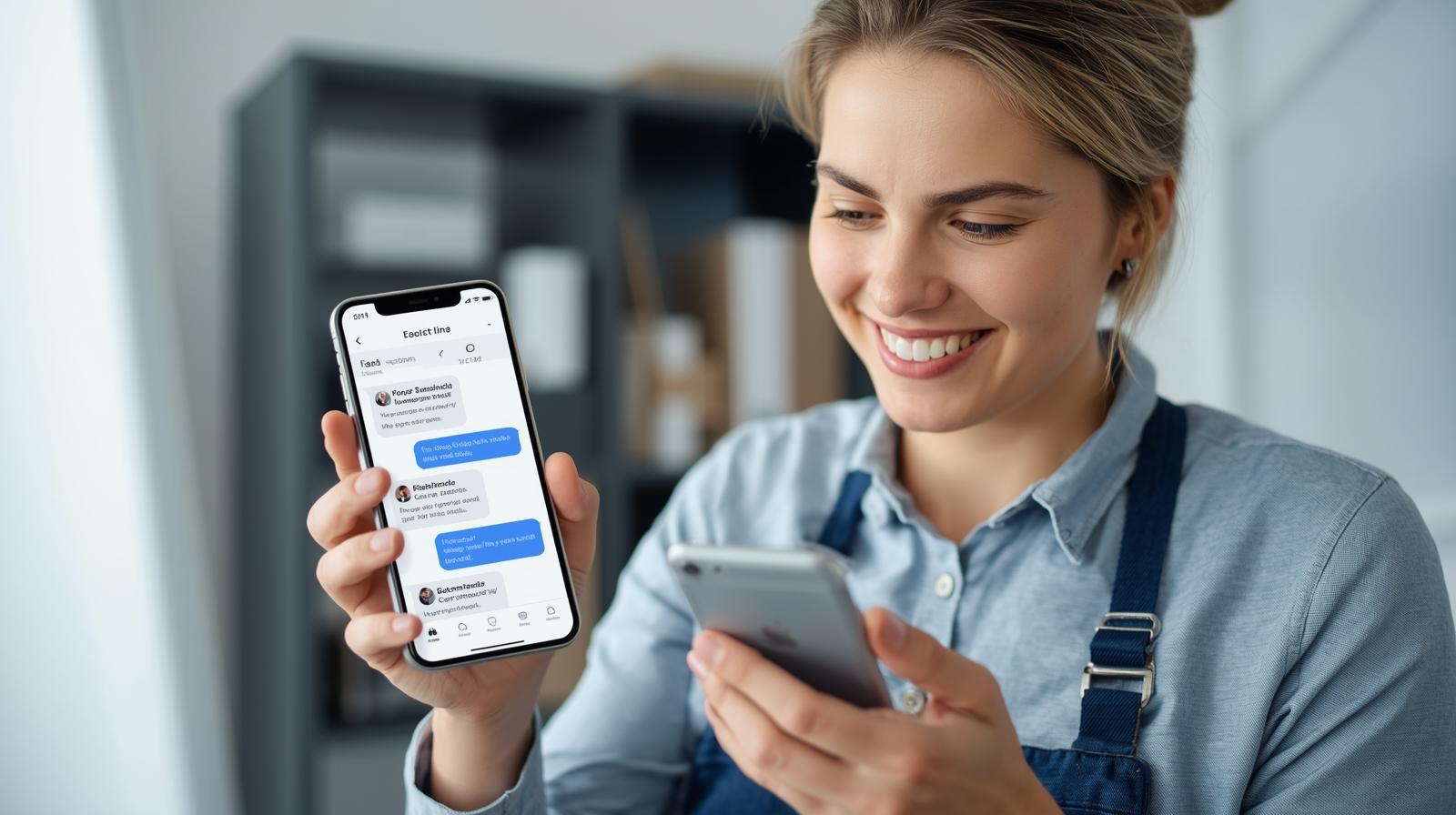  Home service professional using AI assistant technology on mobile device to manage customer appointments and inquiries