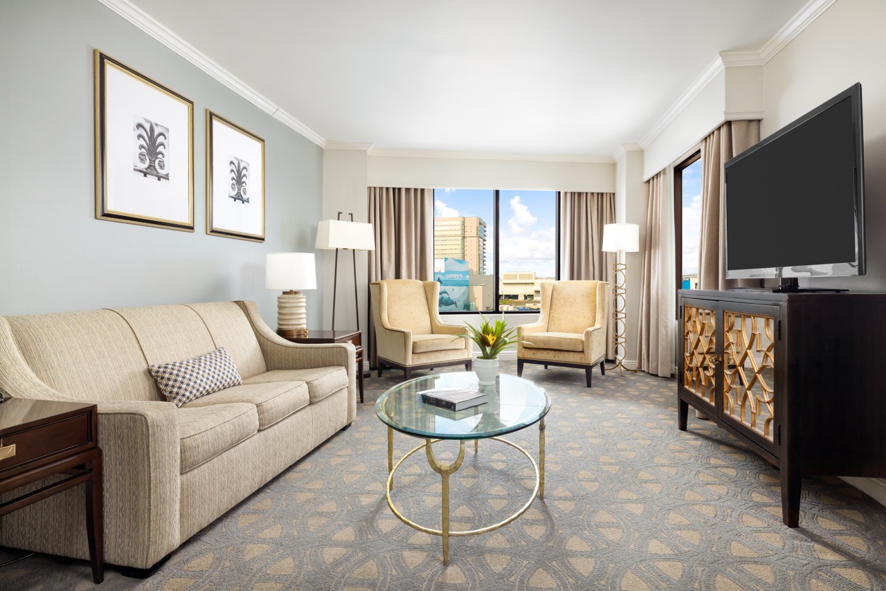 Luxury King Suite living room with tv and window view