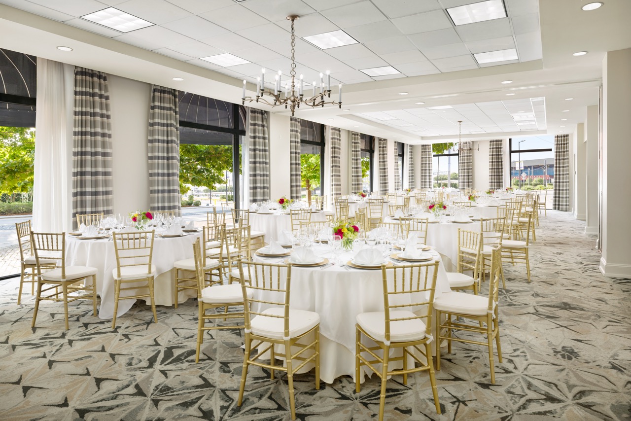 Riverfront Ballroom Social banquet with dining tables and seats