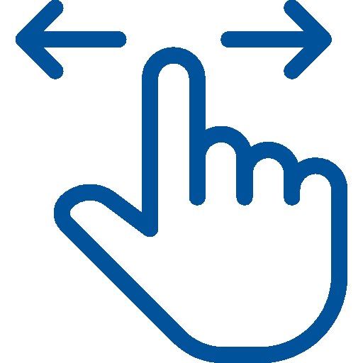 Blue hand icon with index finger pointing up and arrows pointing left and right, indicating swipe gesture.