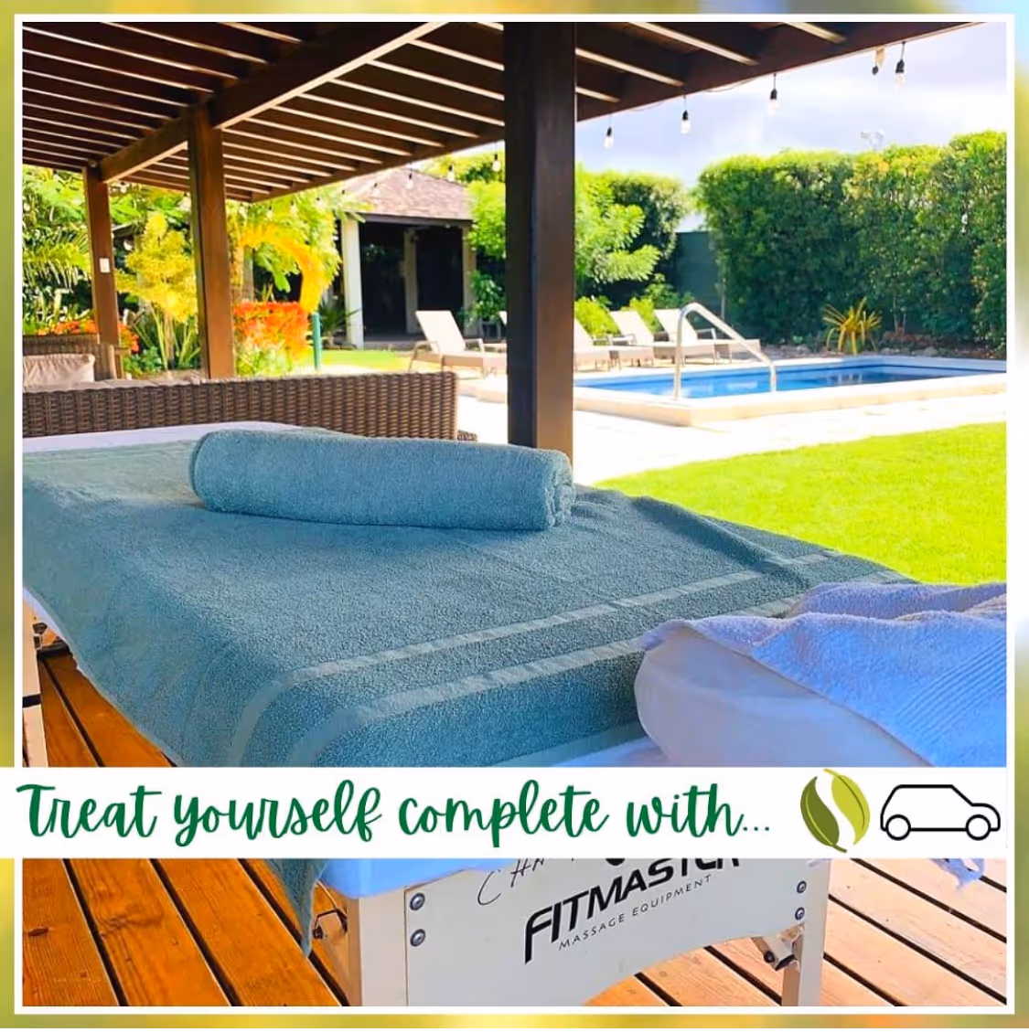 Outdoor massage table with blue towel under a shaded wooden pergola, overlooking a pool and green lawn.