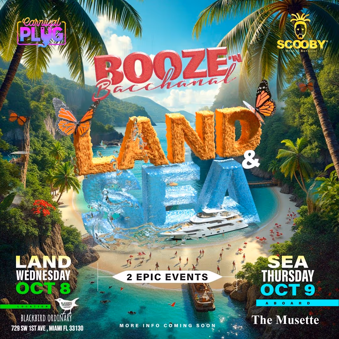 Tropical beach and sea view with text promoting Booze-n Bacchanal Land event on Oct 8 and Sea event on Oct 9 in Miami, featuring butterflies and boats.
