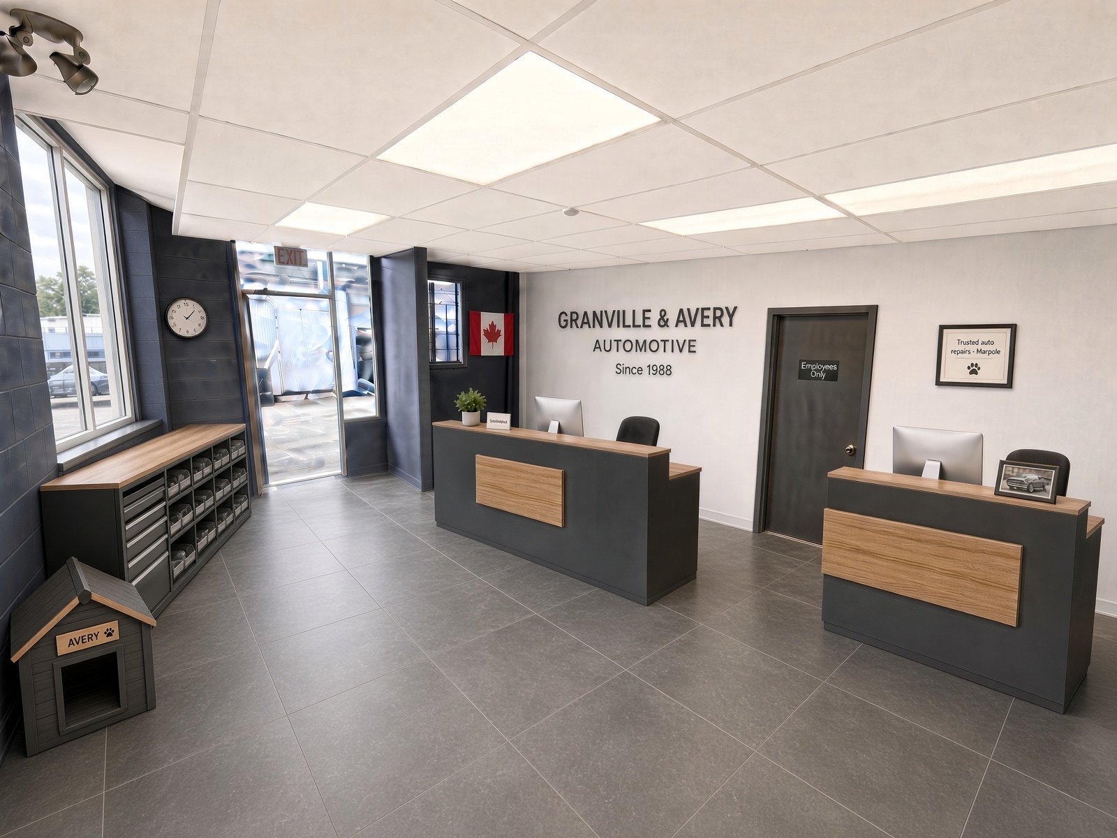 Concept rendering of the renovated Granville & Avery Automotive front office in Marpole