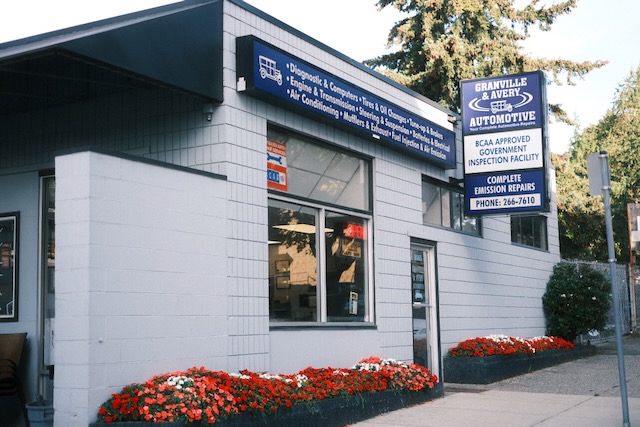 Granville & Avery Automotive shop front and BCAA Approved sign on Osler Street in Marpole