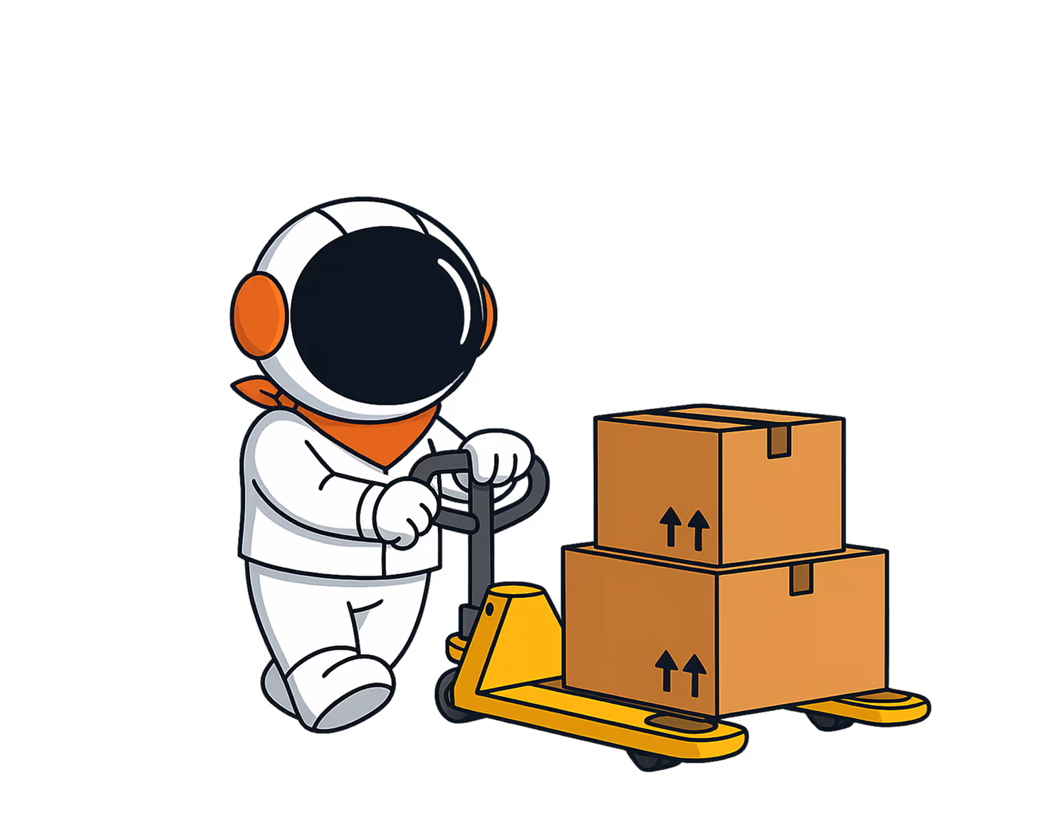 Cartoonachtige illustratie van een astronaut in een wit ruimtepak en oranje sjaaltje die hotdogs serveert vanuit een feloranje foodtruck met een grote hotdog op het dak.