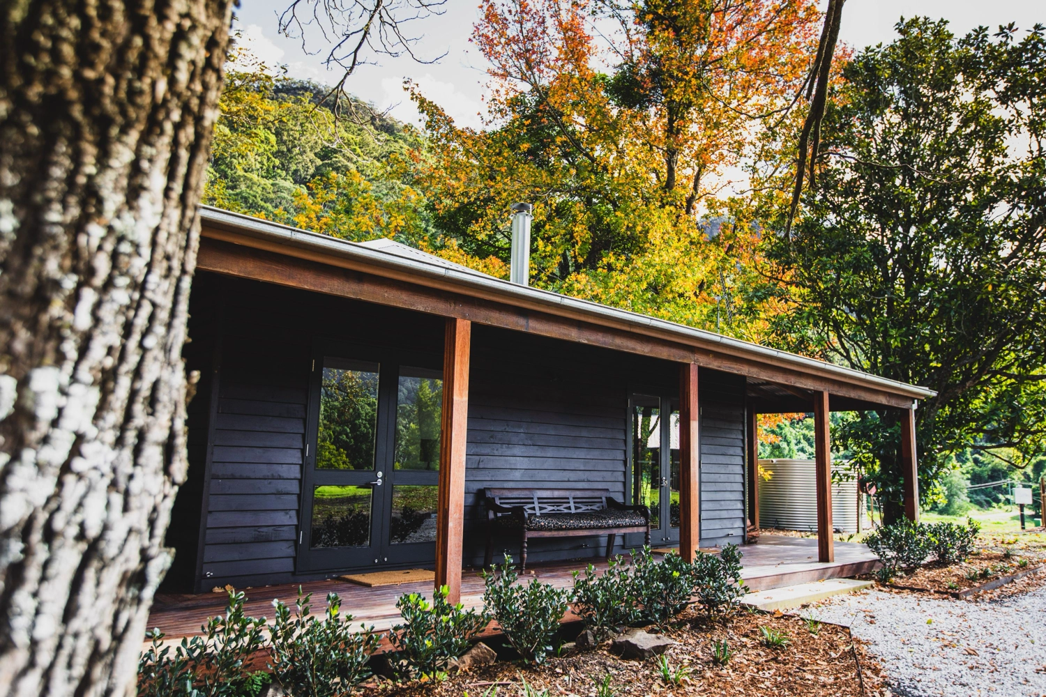 A modern, compact kitchen with light wood cabinets, stainless steel sink, toaster, kettle, and gas stovetop. Perfect for a couples getaway at The Hideaway, this tiny studio features a bed beside the counter for efficient, minimalist living.