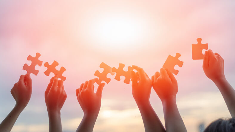 Image of hands holding up puzzle pieces to the sun 