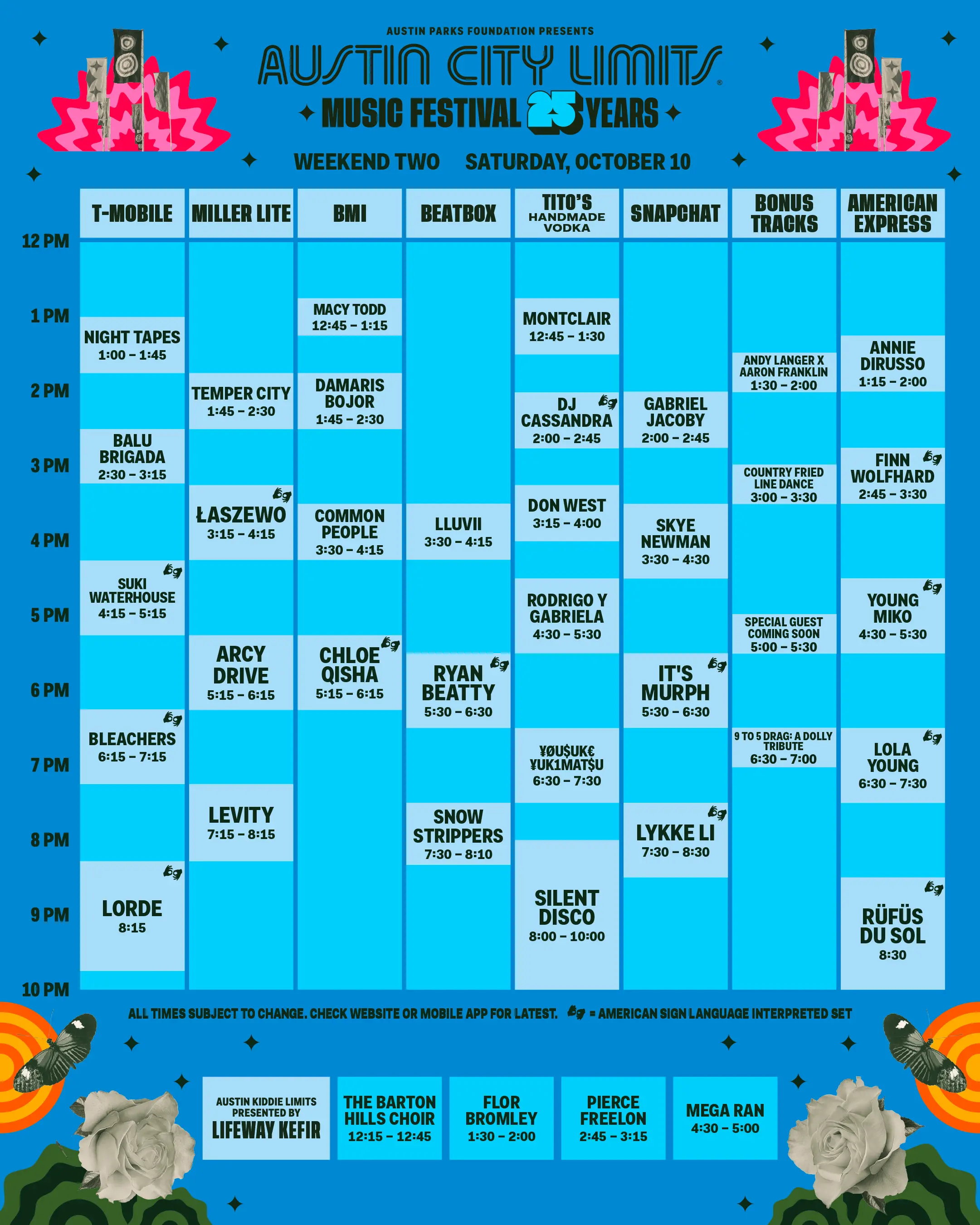 Official Austin City Limits Music Festival schedule graphic for Saturday of Weekend Two, including lluvii on the BeatBox stage