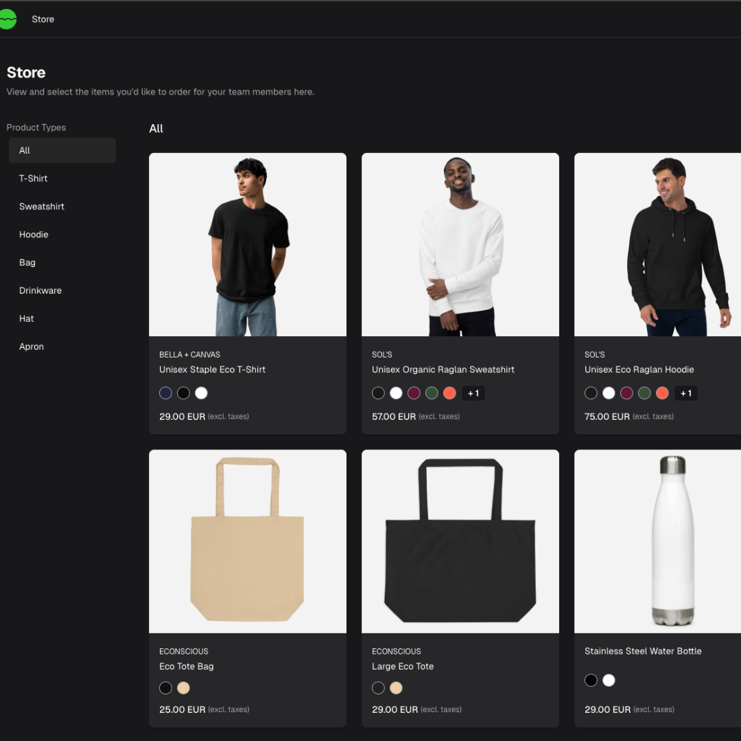 Online store page showing unisex black t-shirt, white sweatshirt, black hoodie, beige tote bag, black large tote, and stainless steel water bottle with prices.