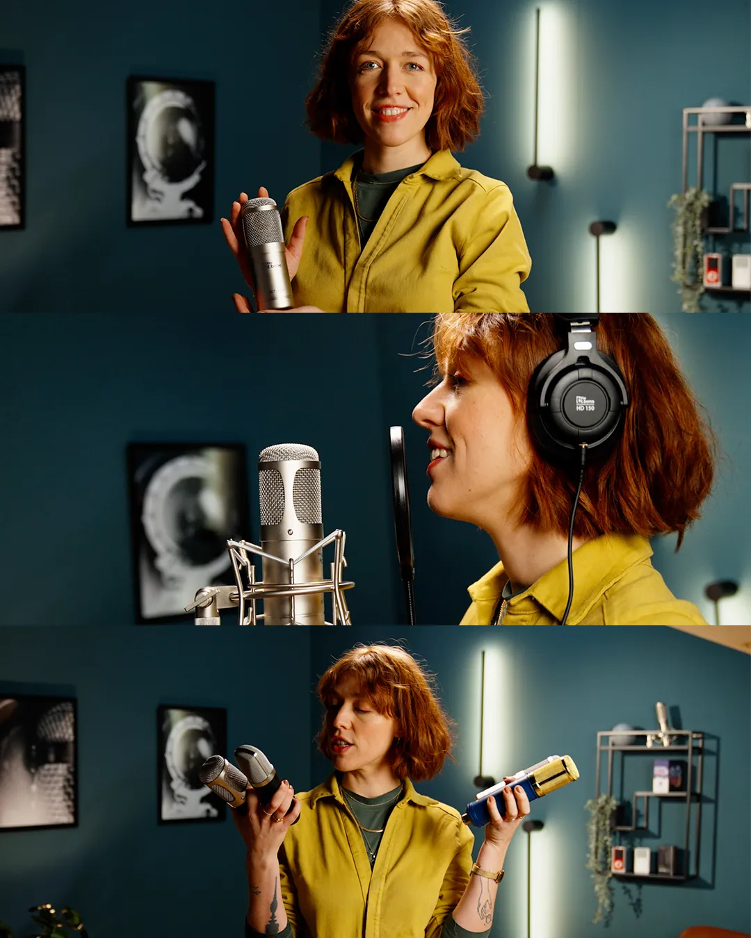 Antje Schomaker zeigt in drei Einstellungen verschiedene Mikrofone von t.bone