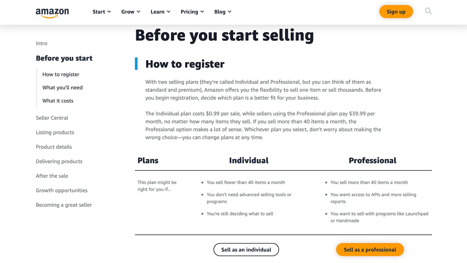 Page of making selling account.