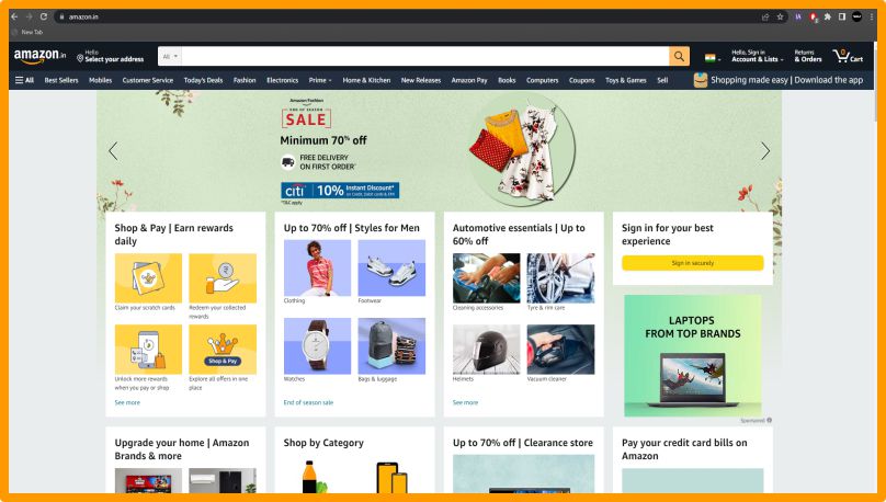 Homepage of amazon.