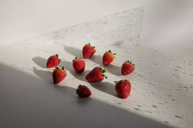 Litchi fruit is shown on the display