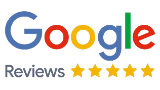 Google Reviews text with five gold stars rating below.