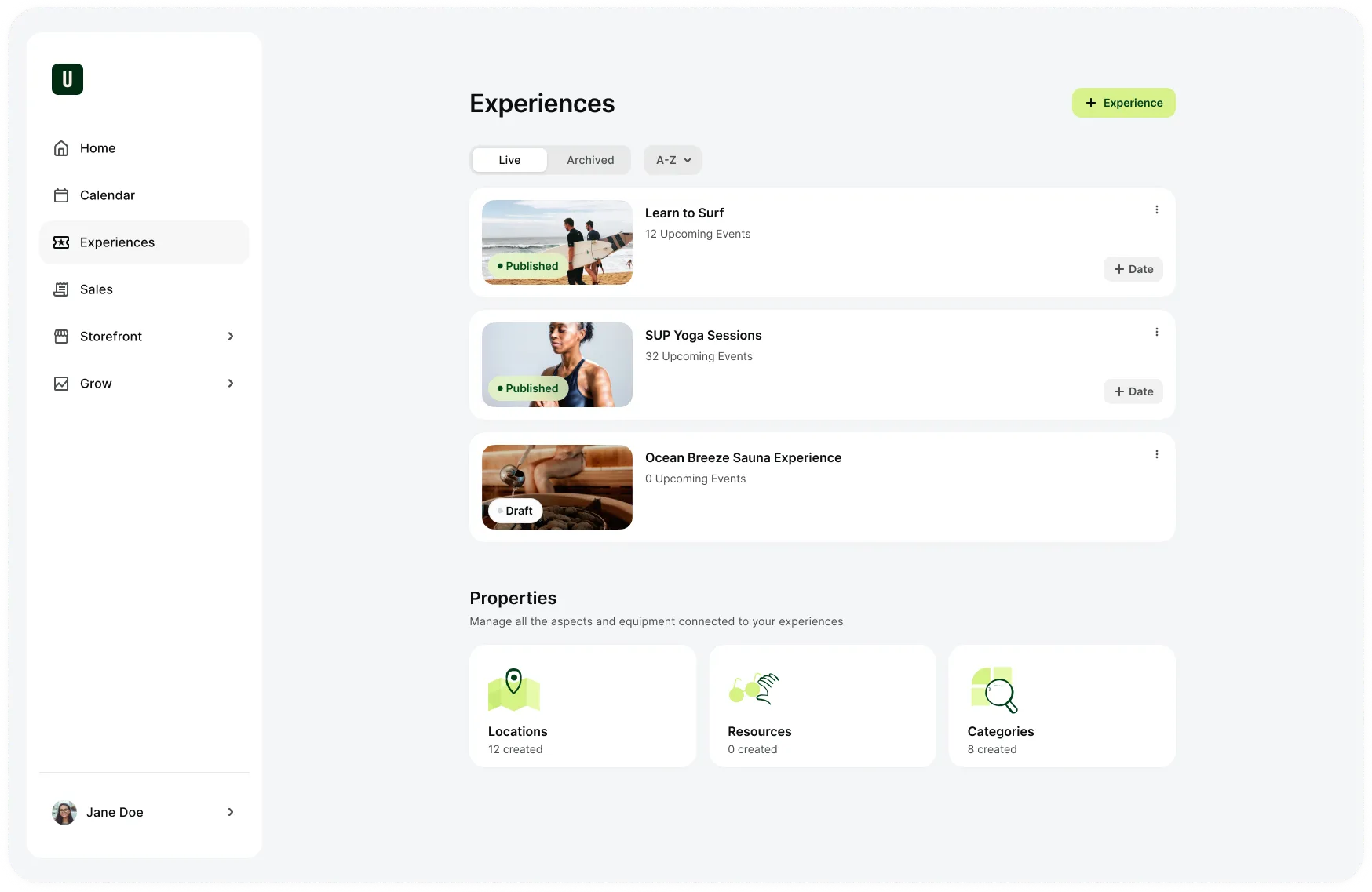 Dashboard showing three experiences: Learn to Surf with 12 upcoming events, SUP Yoga Sessions with 32 upcoming events, and Ocean Breeze Sauna Experience with 0 upcoming events, plus sections for Locations, Resources, and Categories properties.