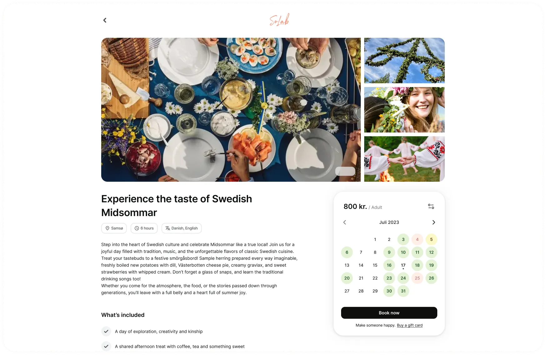 Top-down view of a table set with plates, glasses, flowers, and traditional Swedish Midsommar food including herring, bread, and potatoes alongside a booking calendar for July 2023.