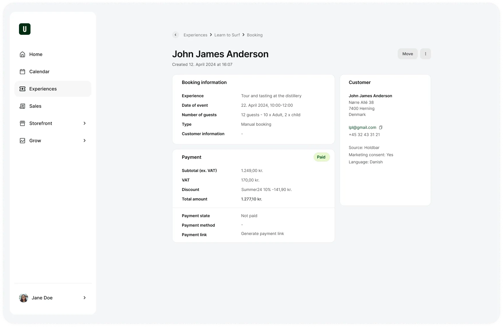 Booking dashboard for John James Anderson showing details of a tour and tasting event at the distillery on April 22, 2024, with 12 guests, payment status, and customer contact information.