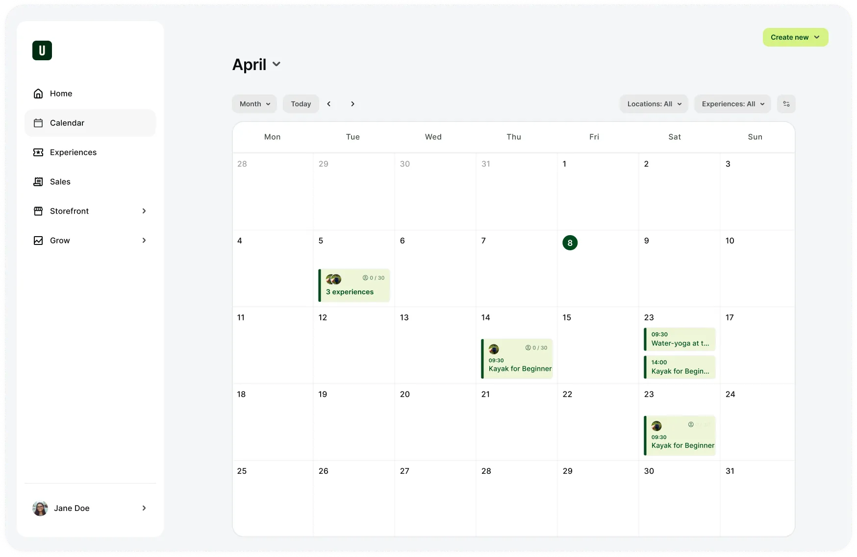 April calendar view with marked experiences including 'Kayak for Beginner' on the 14th, 23rd, and 23rd, and 'Water-yoga' on the 23rd; sidebar navigation with Home, Calendar, Experiences, Sales, Storefront, and Grow.