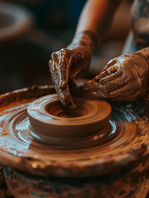 Close-up of hands shaping wet clay on a spinning pottery wheel.