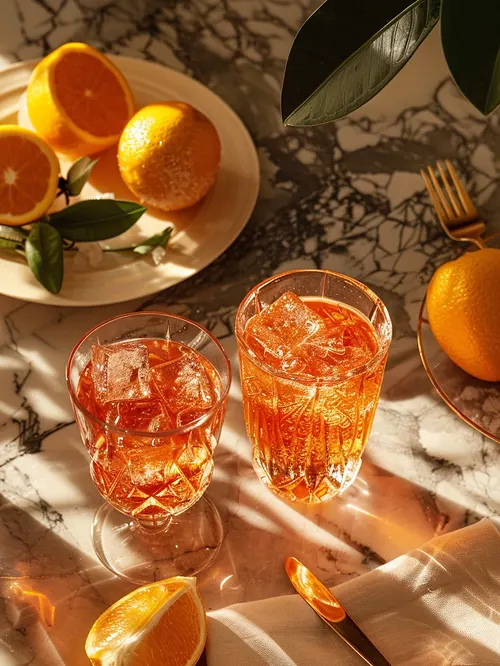Two glasses of iced orange drink on a marble table with oranges, leaves, and golden cutlery.
