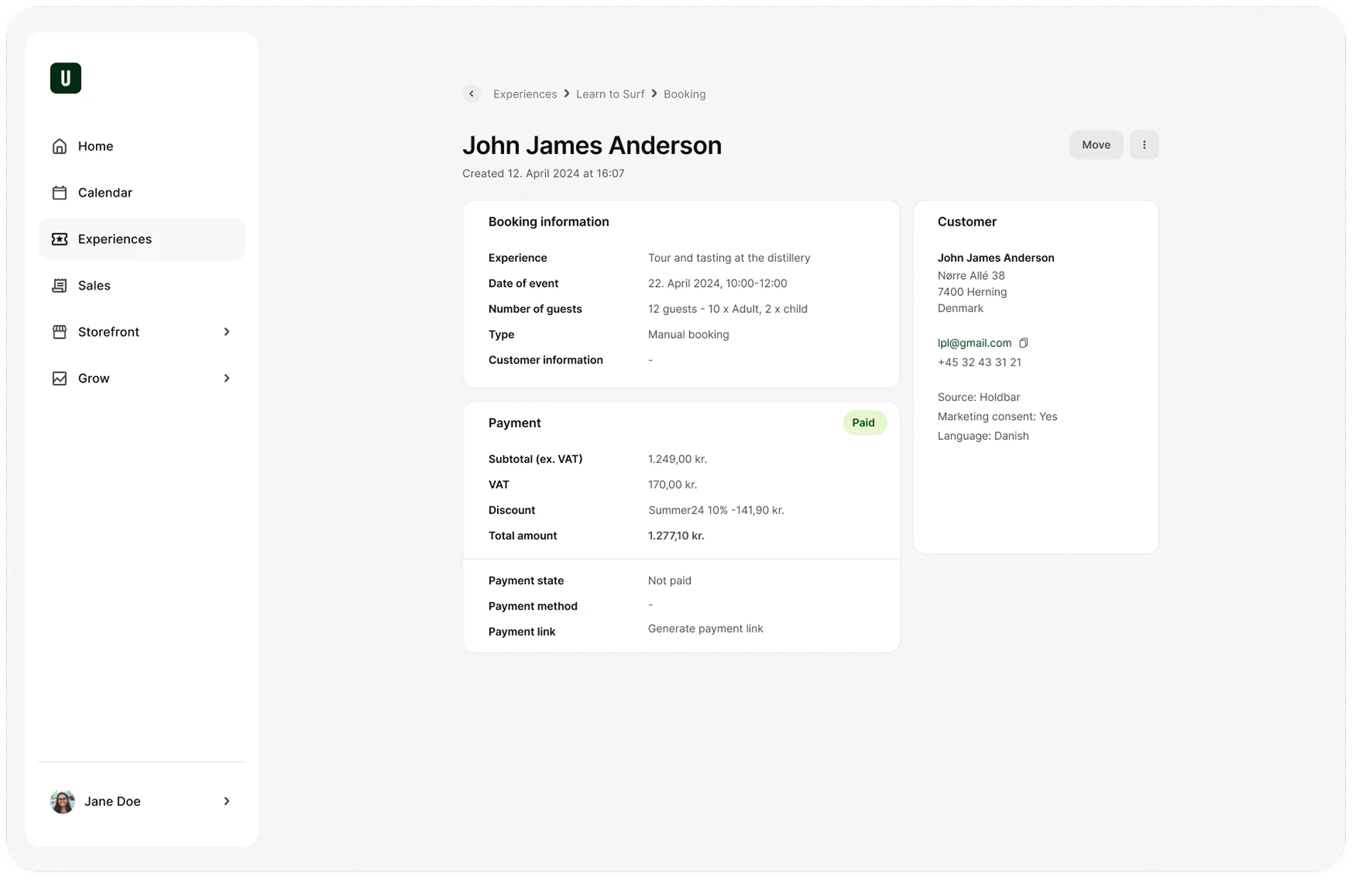 Booking details for John James Anderson including a distillery tour on April 22, 2024, with 12 guests, payment subtotal, VAT, discount, and customer contact information.