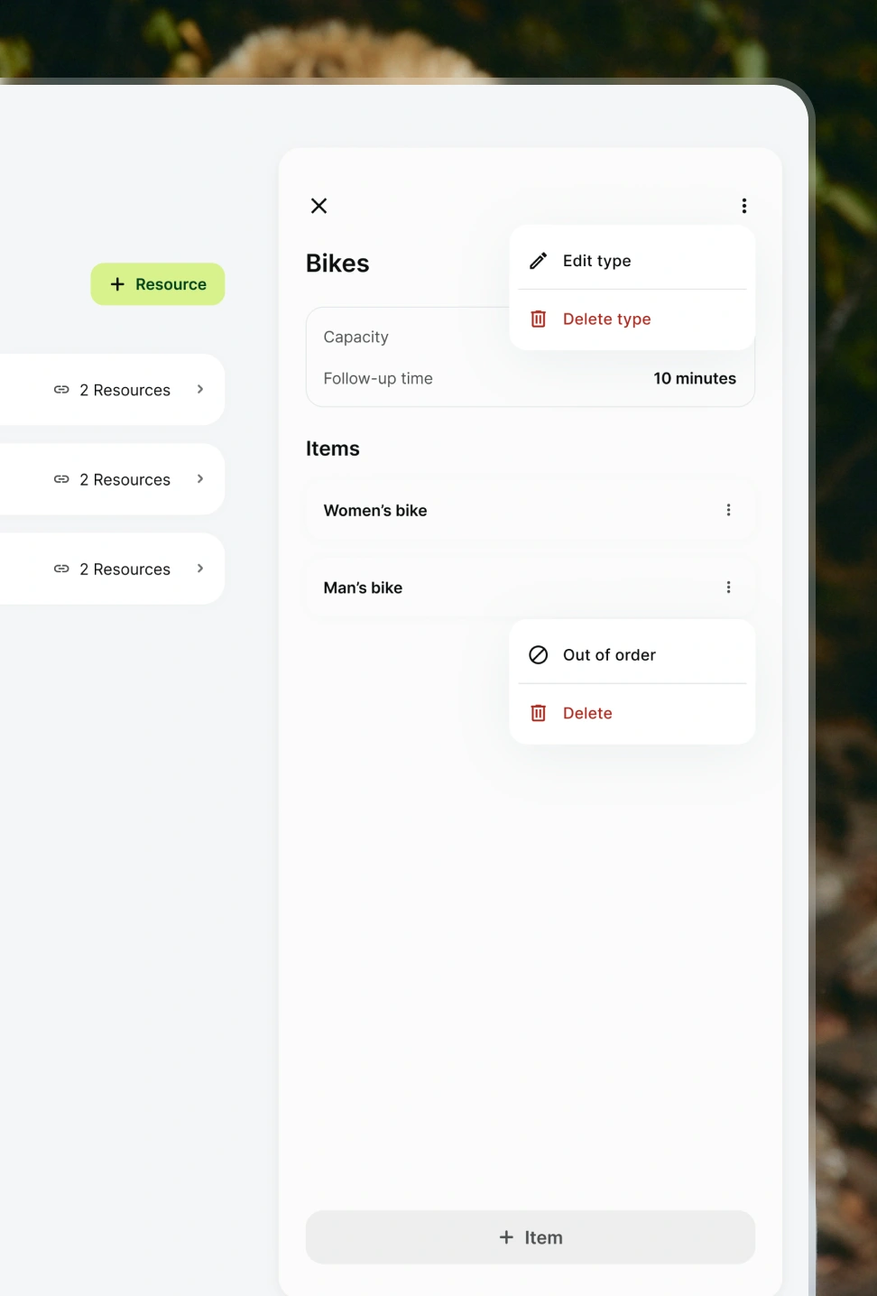 User interface showing bike resource management with options to edit or delete types and items, including women's and men's bikes.