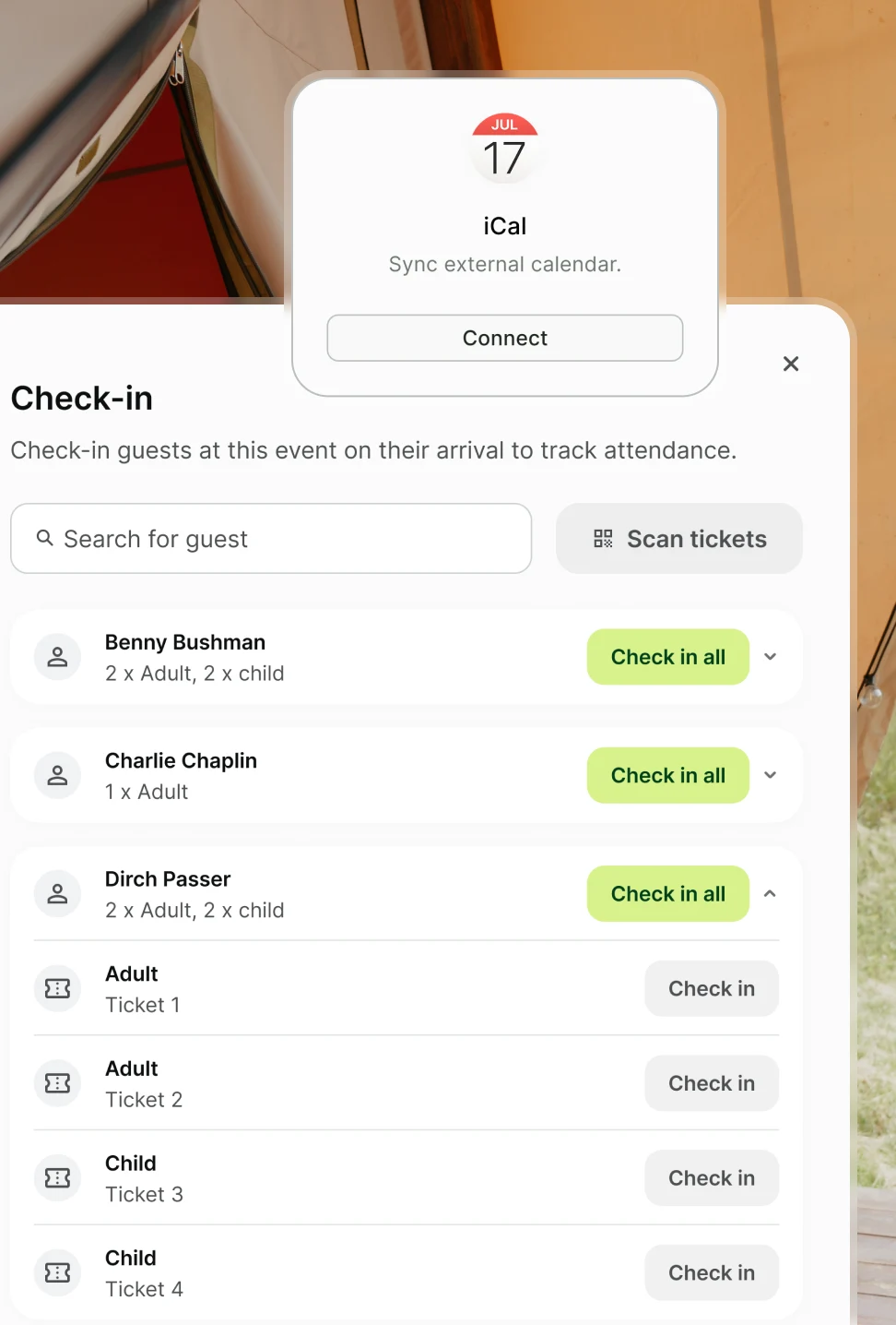 Event check-in interface showing guest list with options to check in adults and children, and a prompt to sync iCal calendar.