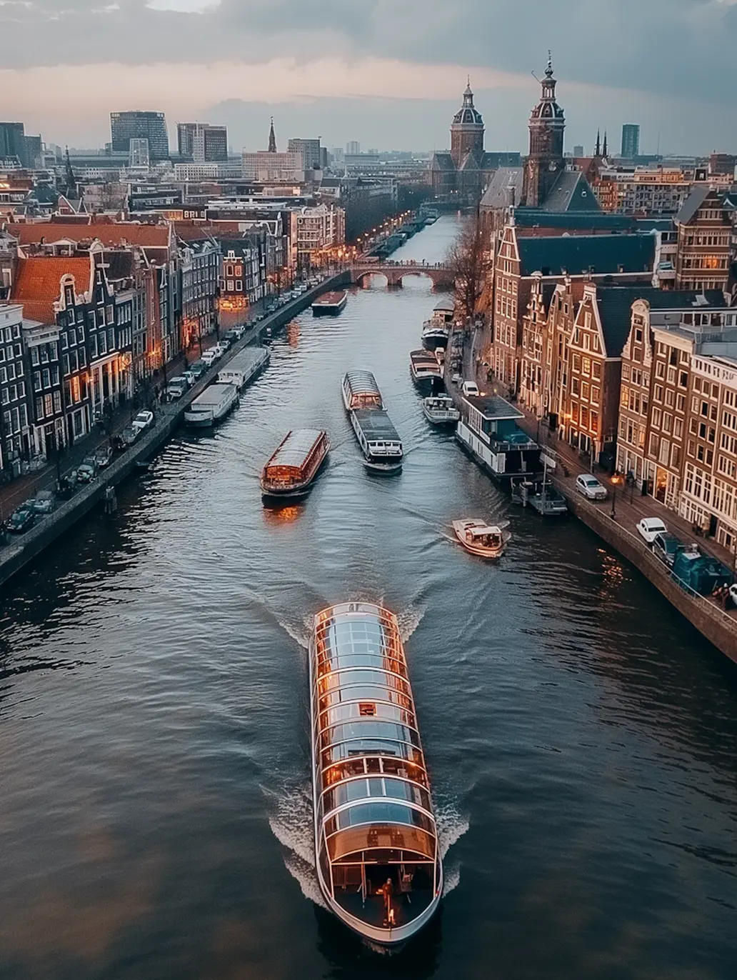 Canal in Amsterdam at dusk with glass-roofed tour boats cruising and traditional Dutch buildings lining the water.