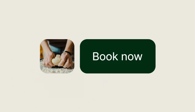 Hands kneading dough next to a dark green button labeled 'Book now'.