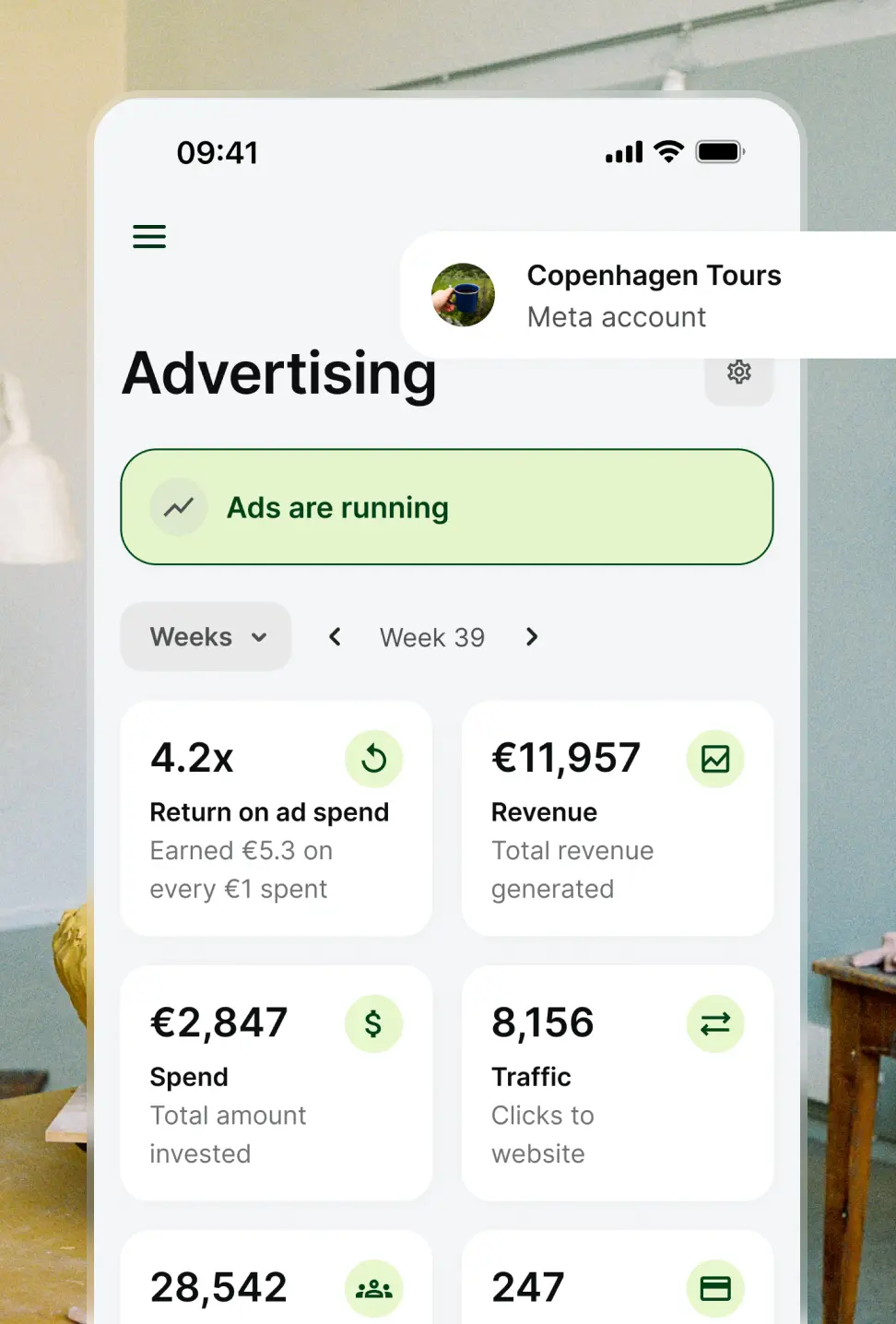 Mobile screen shows an advertising dashboard for Copenhagen Tours with metrics including 4.2x return on ad spend, €11,957 revenue, €2,847 spend, and 8,156 website clicks.