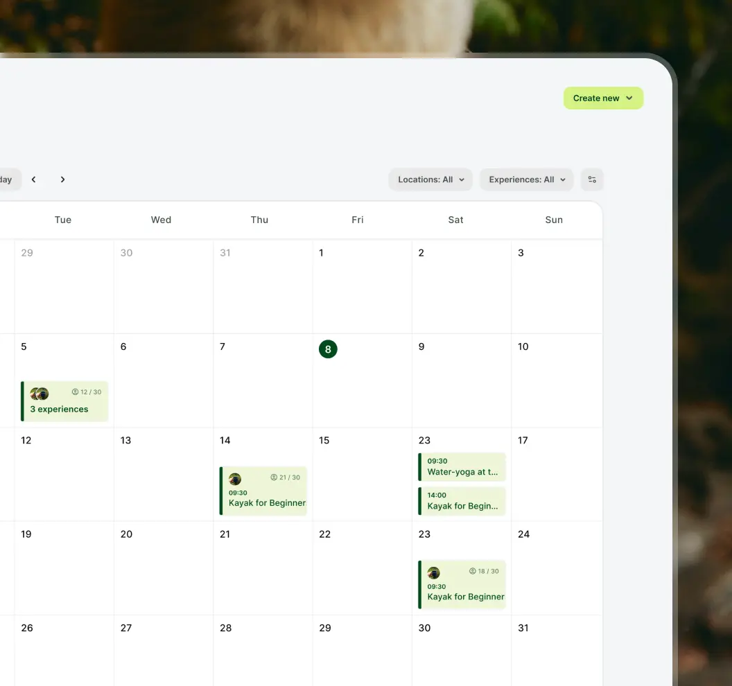 Calendar view showing scheduled activities for kayaking and water yoga on various dates in a month.