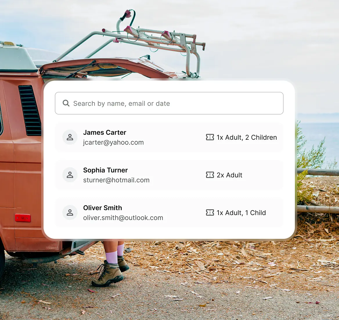 Search interface overlay showing a list of three users with names, emails, and ticket details, displayed over a background image of a person in boots sitting by an orange van near a lakeside.