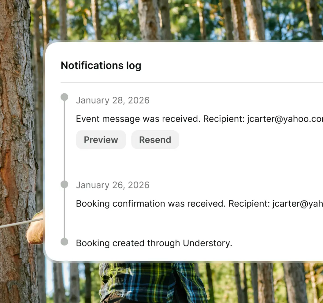 Notifications log showing events from January 26 and 28, 2026, including an event message and booking confirmation sent to jcarter@yahoo.com with preview and resend buttons.
