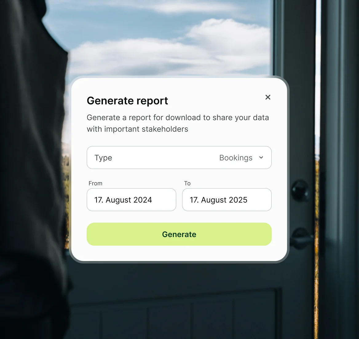 Popup window showing a form to generate a report for bookings from 17 August 2024 to 17 August 2025 with a green Generate button.
