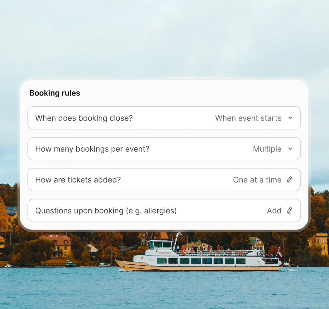 Booking rules interface overlay with options on event booking closure, number of bookings, ticket addition, and booking questions over a lake background with a white boat and autumn trees.