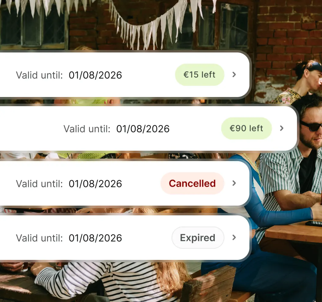 Four labeled validity status bars showing 'Valid until 01/08/2026' with statuses: €15 left, €90 left, Cancelled, and Expired.