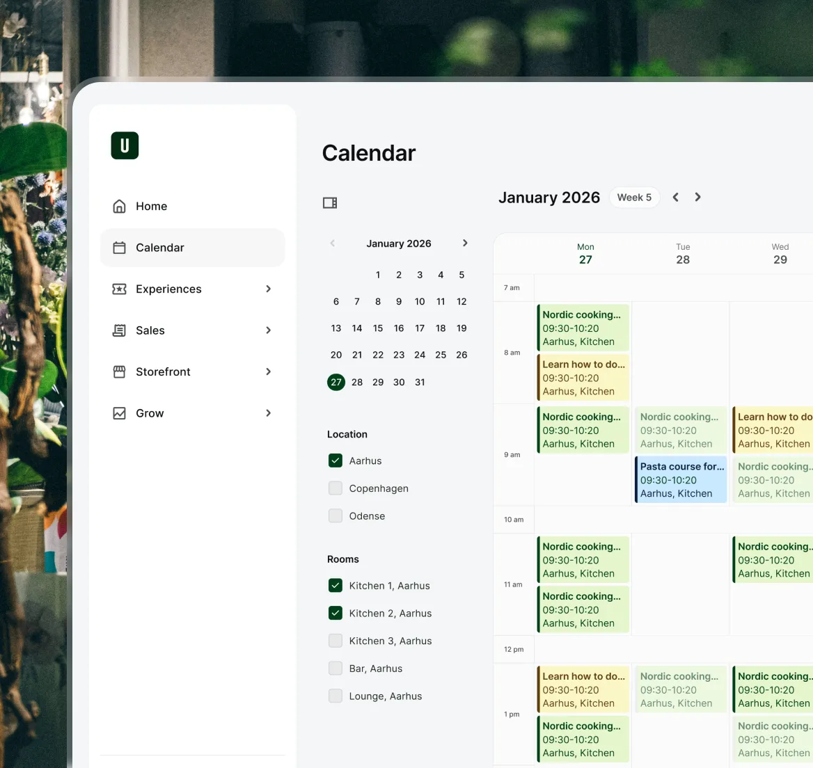 Digital calendar interface showing events for January 27, 2026, including Nordic cooking and learn how to do sessions scheduled in Aarhus kitchens.