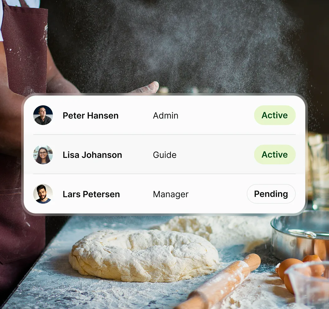List of users with photos, roles, and status: Peter Hansen Admin Active, Lisa Johanson Guide Active, Lars Petersen Manager Pending, over a background of dough and baking ingredients on a floured surface.
