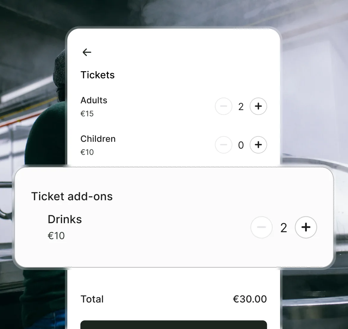 Mobile screen showing ticket purchase interface with options for 2 adult tickets at €15 each, 0 children tickets at €10, 2 drink add-ons at €10, and a total of €30.