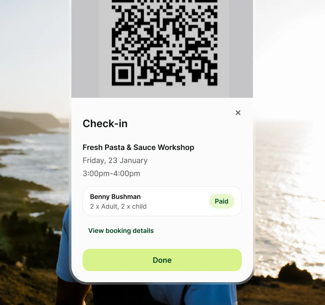 Check-in confirmation for Fresh Pasta & Sauce Workshop on Friday, 23 January, 3:00pm-4:00pm for Benny Bushman with 2 adults and 2 children, marked as paid.