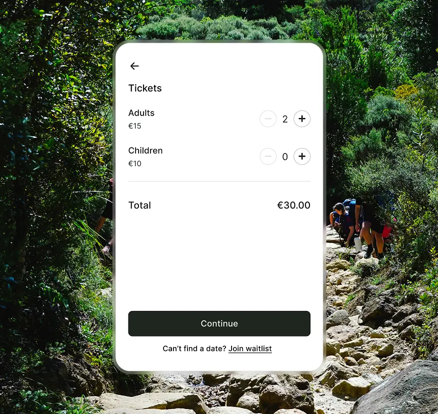 Ticket booking screen showing 2 adult tickets at €15 each and 0 children tickets, total €30, with a Continue button and waitlist option.
