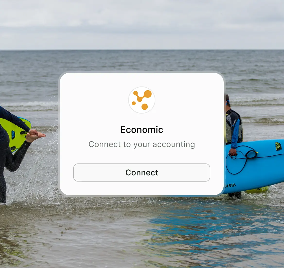 Popup window in front of ocean scene showing Economic app with option to connect accounting.
