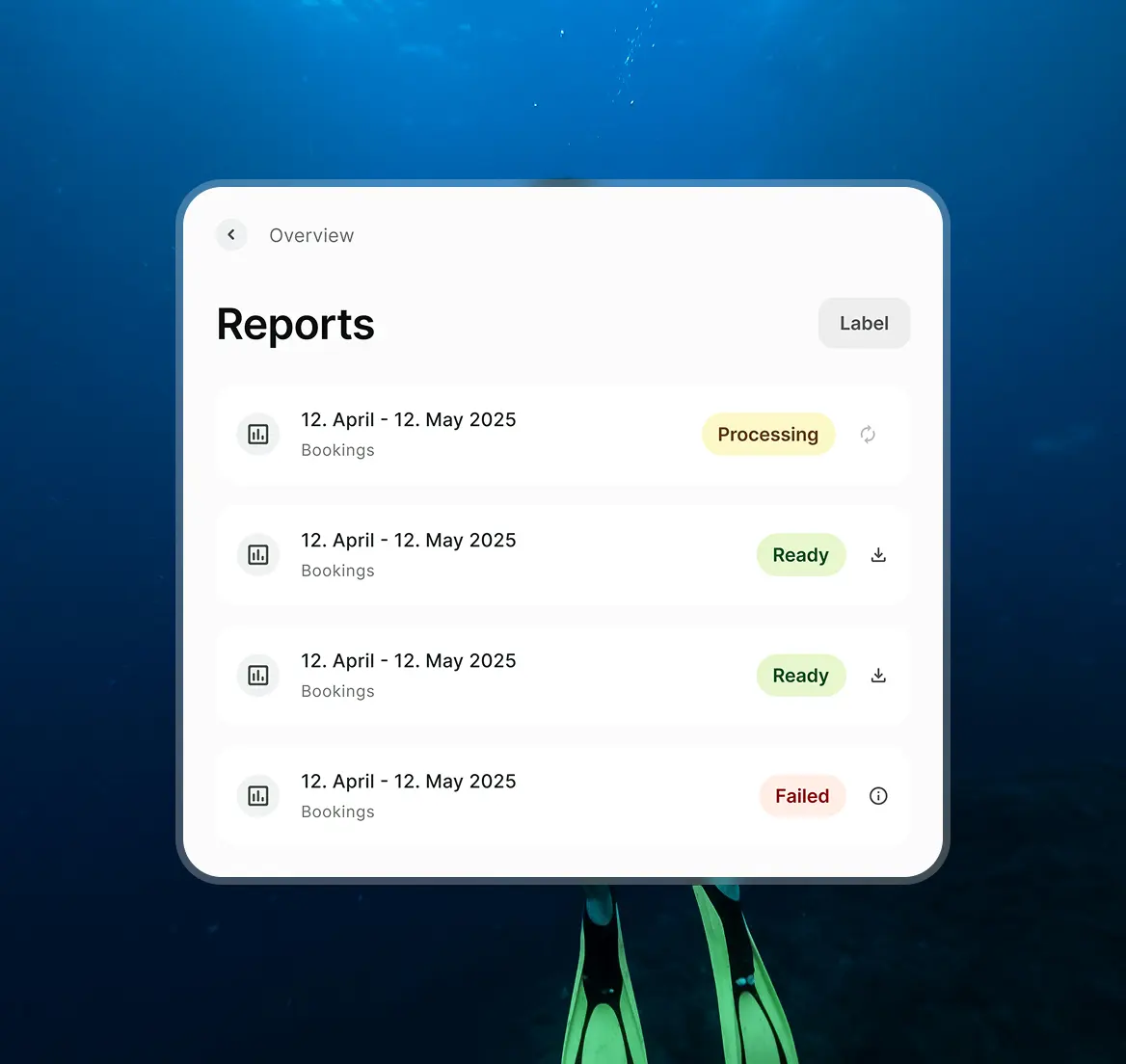 User interface showing a reports list with booking dates from April 12 to May 12, 2025, with statuses: Processing, Ready, Ready, and Failed.
