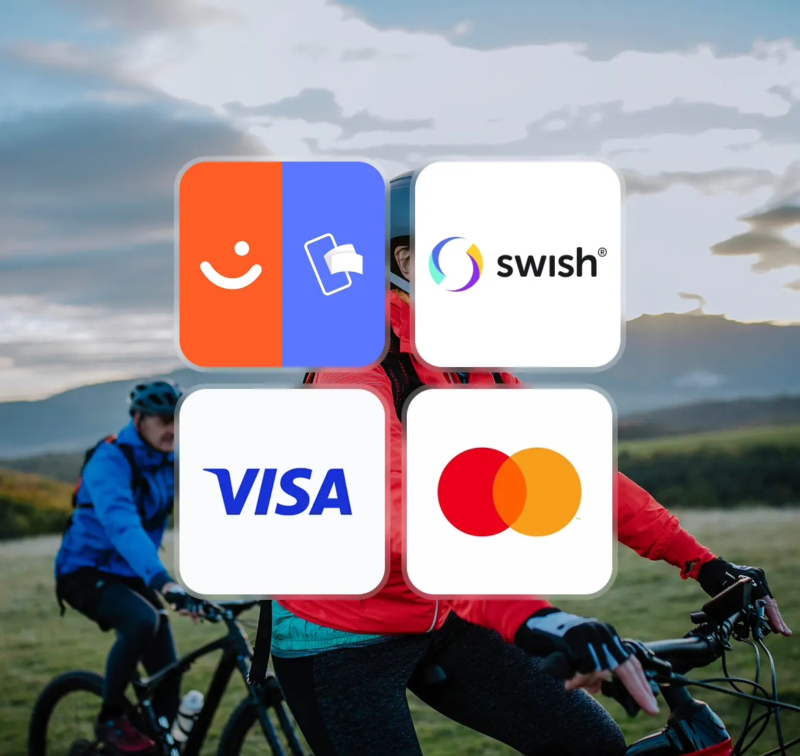 Four payment method logos: Klarna, Swish, Visa, and Mastercard over a background of two cyclists riding outdoors.